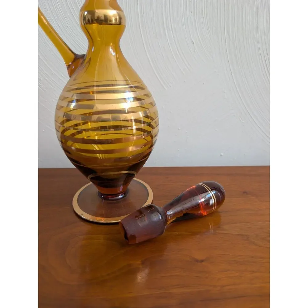 Amber Glass Decanter With Gold Trim Mid Century Modern Barware